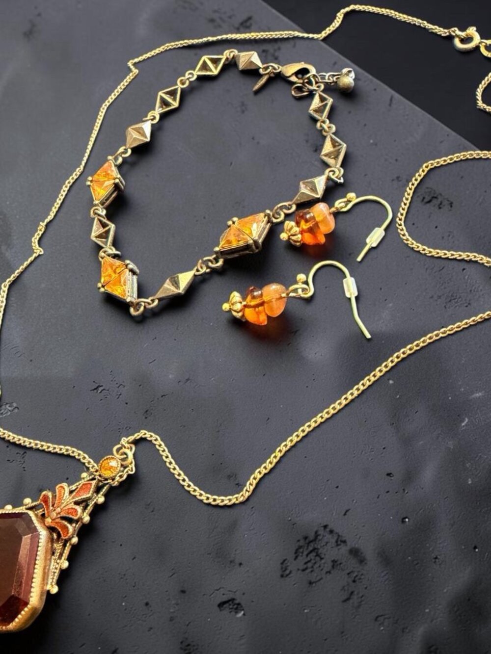 Vintage Amber Colored Bates & Bacon Necklace, Earrings and NRT - AVON Bracelet
